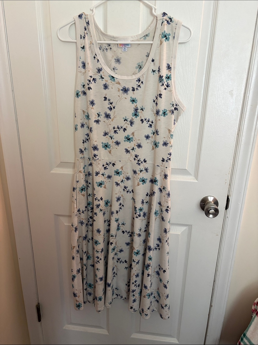 LuLaRoe Cream Midi Dress with Blue & Teal Floral Print